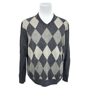 Dockers Men's Grey Argyle Sweater Long Sleeve V Neck Preppy Size 2XL
